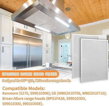BPS1FA36 Aluminum Range Hood Vent Filter for Broan Nutone Allure 36" QS1 WS1 WS2 Range Hood Grease Filters Replacement 5 Layers, 17-1/4"X 11-3/4"X 3/8" 2 Pack