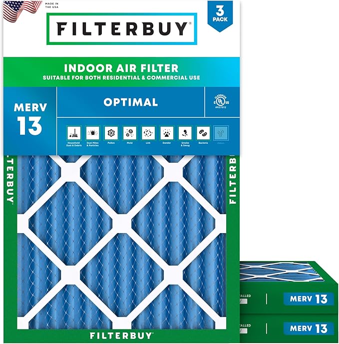 Filterbuy 24x28x2 Air Filter MERV 13 Optimal Smoke & Allergy Defense (3-Pack), Electrostatic Pleated HVAC AC Furnace Filters Replacement, Made in USA (Actual Size: 23.50 x 27.50 x 1.75)