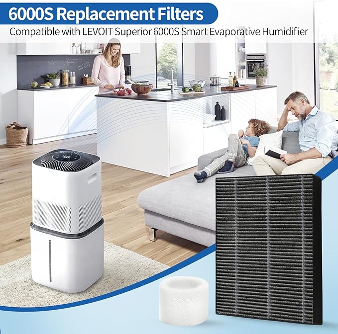 4-Pack Humidifier Premium Replacement Filters for LEVOIT Superior 6000S Smart Evaporative Humidifier + 2-Pack Top Fill Humidifier Filters Replacement, Gray