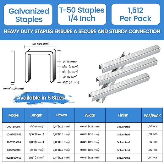 meite T-50 Staple Gun Staples, 1/4 Inch Heavy Duty Staples, Galvanized 20 Gauge 3/8 Inch Crown Staple for Upholstery, Construction, Furniture (10 Packs)