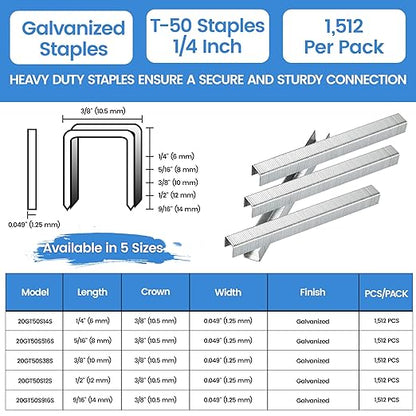 meite T-50 Staple Gun Staples, 1/4 Inch Heavy Duty Staples, Galvanized 20 Gauge 3/8 Inch Crown Staple for Upholstery, Construction, Furniture (10 Packs)