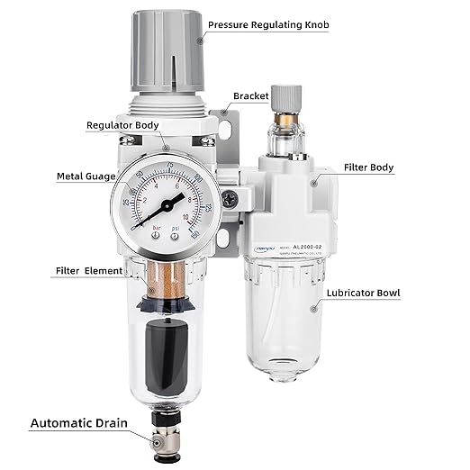NANPU 1/4" NPT Auto-Drain Air Filter Regulator Lubricator Combo (FRL) Water/Oil Trap Separator - Gauge(0-150 psi), 5 Micron Brass Element, Poly Bowl, Metal Bracket