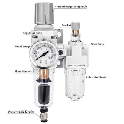 NANPU 1/4" NPT Auto-Drain Air Filter Regulator Lubricator Combo (FRL) Water/Oil Trap Separator - Gauge(0-150 psi), 5 Micron Brass Element, Poly Bowl, Metal Bracket