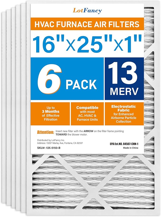 LotFancy 16x25x1 Air Filter MERV 13 6-Pack, Electrostatic Pleated HVAC Furnace Air Filter, Captures Pet Dander Smog Smoke, Actual Size: 15.75"x24.75"x0.75"