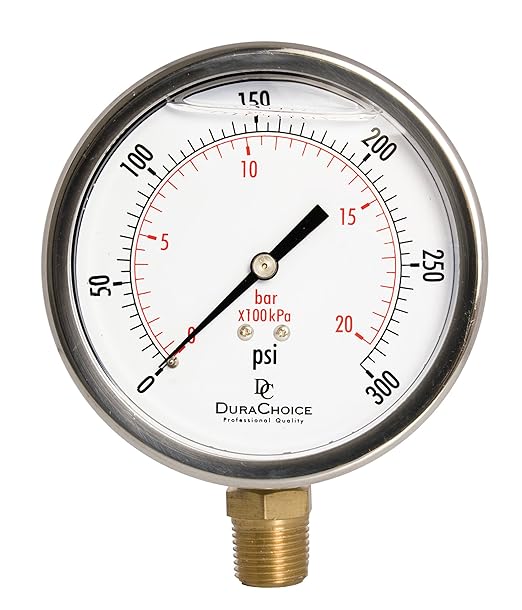 4" Oil Filled Pressure Gauge - Stainless Steel Case, Brass, 1/2" NPT, Lower Mount Connection, 0-300PSI