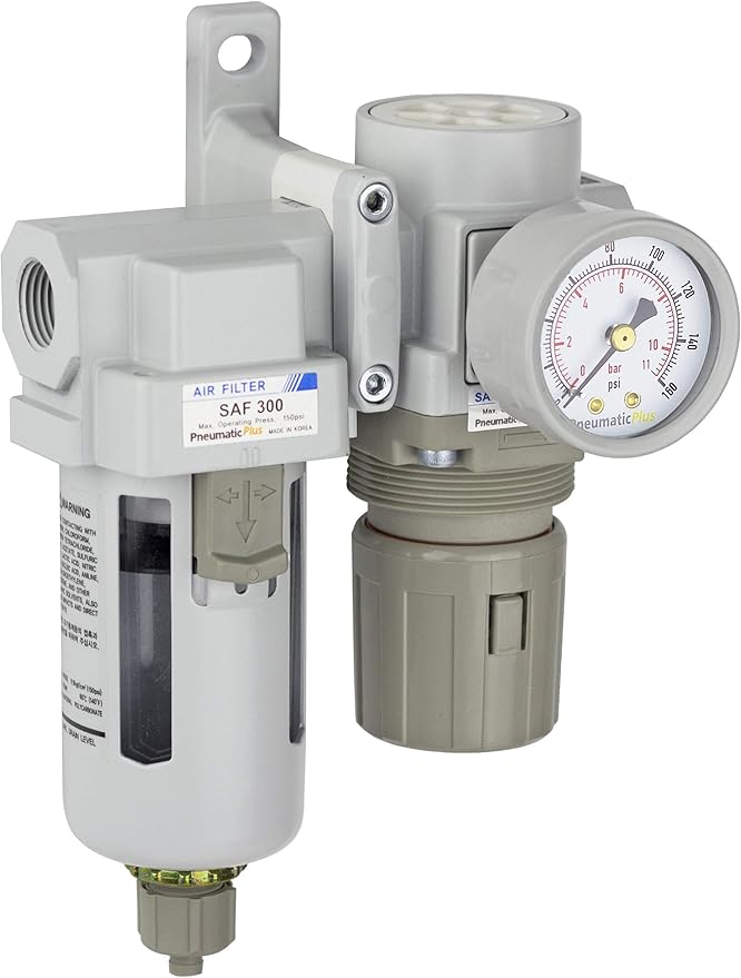 PneumaticPlus SAU320-N03G Compressed Air Filter Regulator Combo 3/8" NPT - Poly Bowl, Manual Drain, Bracket, Gauge