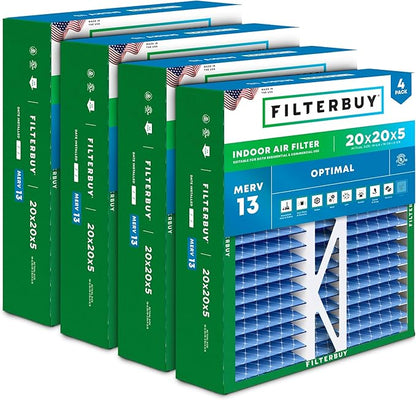 Filterbuy 20x20x5 Air Filter MERV 13 Optimal Smoke & Allergy Defense (4-Pack), Pleated HVAC AC Furnace Filters for Honeywell FC100A1011, Lennox X0585, and More (Actual Size: 19.63 x 19.88 x 4.38)