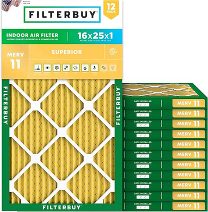 Filterbuy 16x25x1 Air Filter MERV 11 Superior Pet & Allergy Defense (12-Pack), Electrostatic Pleated HVAC AC Furnace Filters Replacement, Made in USA (Actual Size: 15.50 x 24.50 x 0.75)
