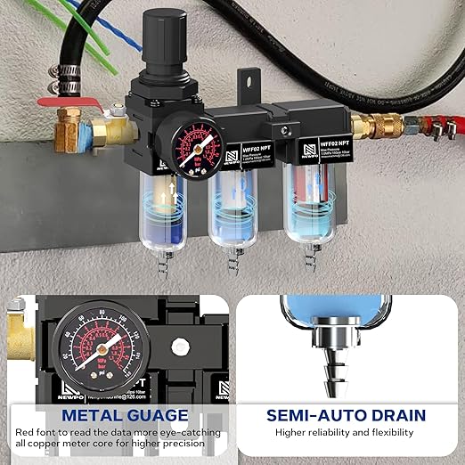 NEWPO 1/4" NPT Air Drying System,Air Filter Pressure Regulator for Spray Guns and Pnuematic Tools, Air Dryer for Compressor, 5＆0.5&0.01 Micron Filter Cartridge,Semi-Auto Drain (Black)