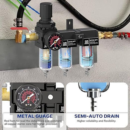 NEWPO 1/4" NPT Air Drying System,Air Filter Pressure Regulator for Spray Guns and Pnuematic Tools, Air Dryer for Compressor, 5＆0.5&0.01 Micron Filter Cartridge,Semi-Auto Drain (Black)