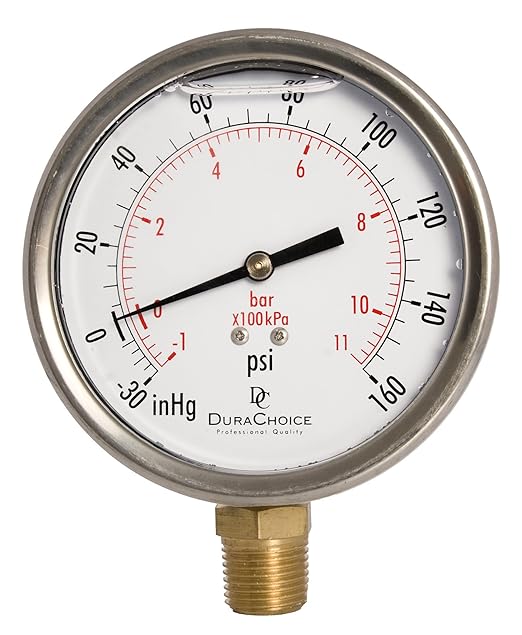 4" Oil Filled Vacuum Pressure Gauge - Stainless Steel Case, Brass, 1/2" NPT, Lower Mount Connection, 30HG/160PSI