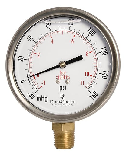 4" Oil Filled Vacuum Pressure Gauge - Stainless Steel Case, Brass, 1/2" NPT, Lower Mount Connection, 30HG/160PSI