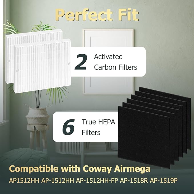 Improvedhand AP-1512HH Replacement Filters for Coway Airmega 200m series AP-1512HH AP-1518R AP-1519P, 3 Pack H13 True High Efficiency Filter & 6 Pack Activated Carbon Pre-Filter