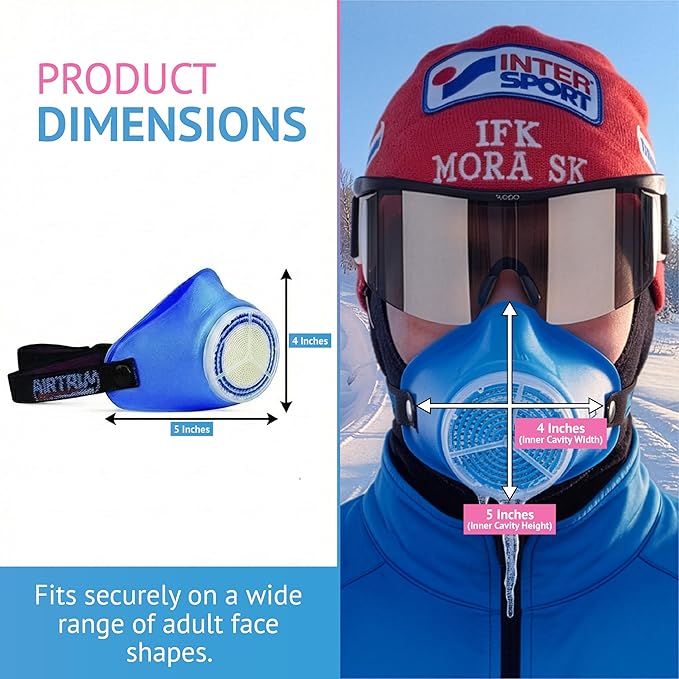 Cold-Weather Breathing Mask for Athletes & Cold-Air-Sensitive Users — Warms & Humidifies Inhaled Air — Includes 1 Asthma/Sport + 1 Racing #1 Filter