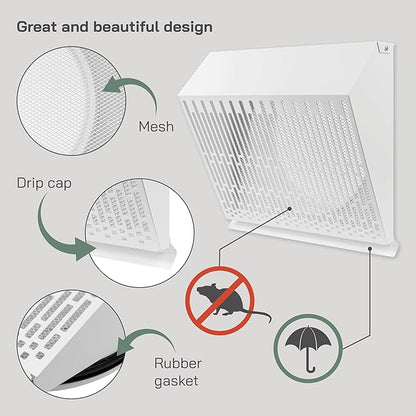 Vent Systems 10" Inch Exhaust Vent Cover with Rubber Gasket - White Galvanized Steel - Robust and Weatherproof Outdoor Air Exhaust Box - Duct or Surface Mounting - Rain and Snow Protection