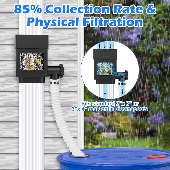 WADEO Rainwater Collection System, Downspout Diverter Fits for 2"x 3" or 3"x 4" Residential Downspouts, Rain Barrel Diverter Kit with Adjustable Valve and Filter, 5FT Hose, Black