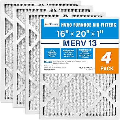 LotFancy 16x20x1 Air Filter MERV 13 4-Pack, Electrostatic Pleated HVAC Furnace Air Filter, Captures Pet Dander Smog Smoke, Actual Size: 15.75"x19.75"x0.75"