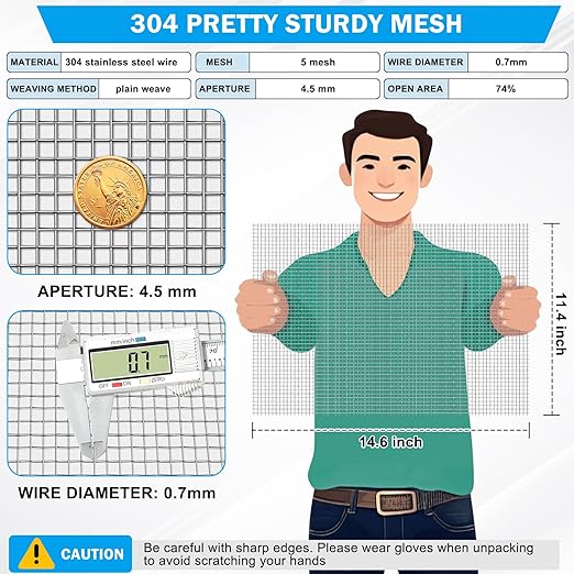 Valchoose 1 Piece Metal Woven Mesh Screen 14.6 X 11.4 in (372mmX292mm), 4.5mm Hole 5 Mesh Wire Mesh Easy to Cut, No Rust Stainless Steel Mesh, Hard Heat Resisting Used for Filters Vent BBQ DIY Project