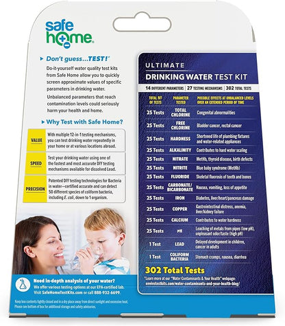 Safe Home® 14-in-1 DIY Drinking Water Test Kit – Includes The #1 Selling Lead & Bacteria Test Kits + 12 Additional Parameters – City Tap or Well Water – 302 Total Tests