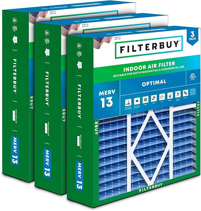 Filterbuy 20x20x5 Air Filter MERV 13 Optimal Smoke & Allergy Defense (3-Pack), Pleated HVAC AC Furnace Filters for Amana, Coleman, Goodman, Maytag, York, and More (Actual Size: 20.25 x 20.75 x 5.25)