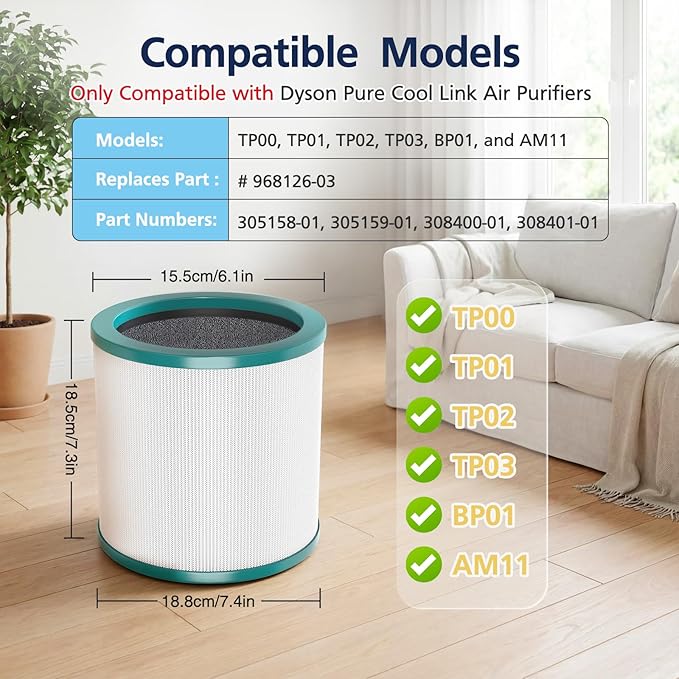 TP01 HEPA Filter Replacement Compatible with Dyson Tower Purifier Pure Cool Link TP01, TP02, TP03, AM11, BP01 Models, Replace Part 968126-03 (1 Pack)