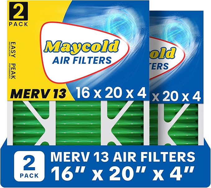 Maycold MERV 13 16x20x4 Air Filter (2-Pack), High-Efficiency Pleated AC & Furnace Filters, Actual Size: 15.88” x 19.88” x 4.31”, Individually Wrapped in Plastic