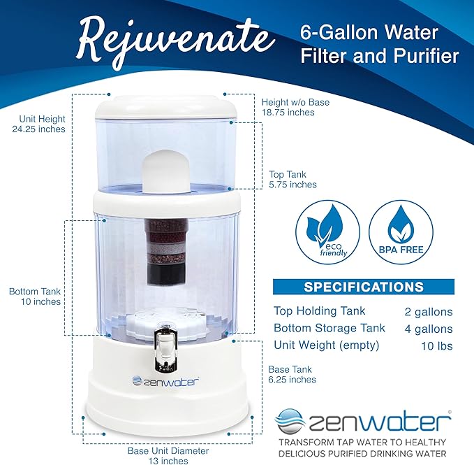 ZENWATER 6-Gallon Countertop Gravity Water Filter System - Portable Alkaline Filtration System - Enjoy Clean and Mineral-Rich Hydration at Home, Office, or Travel