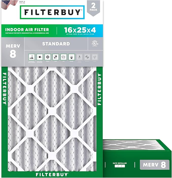 Filterbuy 16x25x4 Air Filter MERV 8 Essential Dust & Allergy Defense (2-Pack), Electrostatic Pleated HVAC AC Furnace Filters Replacement, Made in USA (Actual Size: 15.50 x 24.50 x 3.63)