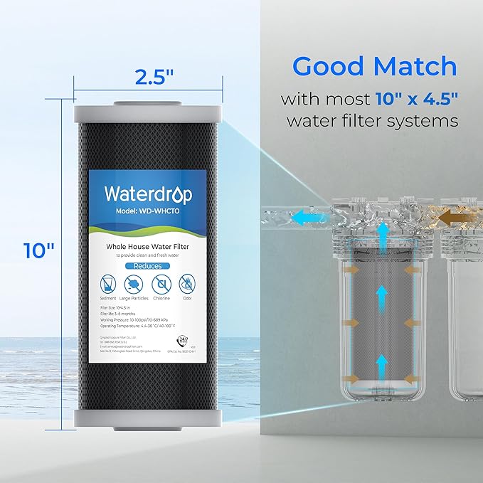 Waterdrop Whole House CTO Carbon Sediment Water Filter Cartridge Replacement for GE® FXHTC, GXWH40L, W10-PR, Culligan® RFC-BBSA,10"X4.5", 5 Micron, 3Pack