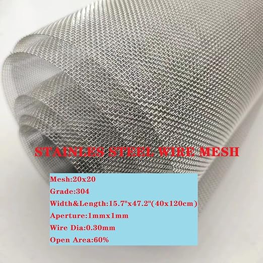 Stainless Steel Mesh Screen #20Mesh -Size:15.7"x47.2"(40x120cm) SS304 Wire Mesh Screen for Vent,Cage,Garden, Window Screen, Filter Mesh