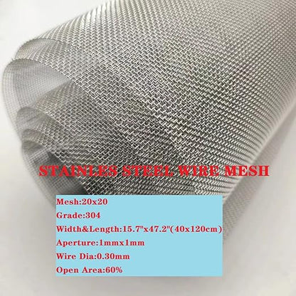 Stainless Steel Mesh Screen #20Mesh -Size:15.7"x47.2"(40x120cm) SS304 Wire Mesh Screen for Vent,Cage,Garden, Window Screen, Filter Mesh