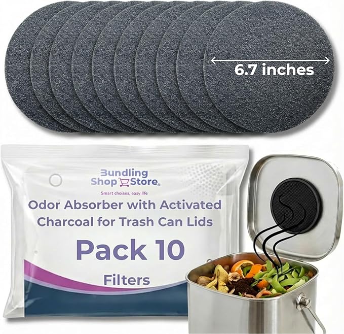 Activated Charcoal Odor Absorber- (NO Adhesive) for Trash can lids Pack of 10 Filters for composters, Trash cans, Kitchens and Recycling Areas, pet Litter Boxes