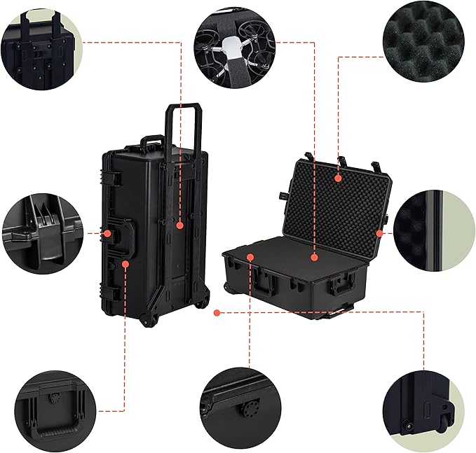 MEIJIA Portable All Weather Waterproof Camera Case,Customizable Fit Foam with Rolling Wheels and Retractable Pull Handle,31.3"X20.3"X12.25"