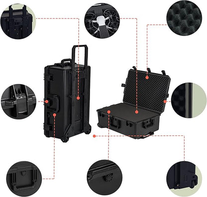 MEIJIA Portable All Weather Waterproof Camera Case,Customizable Fit Foam with Rolling Wheels and Retractable Pull Handle,31.3"X20.3"X12.25"