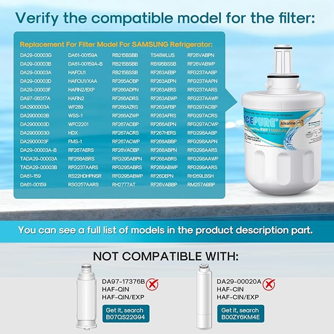 ICEPURE Alkaline DA29-00003G Refrigerator Water Filter Replacement for Samsung DA29-00003A, DA29-00003B, Aqua-Pure Plus, HAFCU1, FMS-1 WSS-1 WF289 RFG237AARS RS22HDHPNSR RSG257AARS, Enhances PH, 3Pack