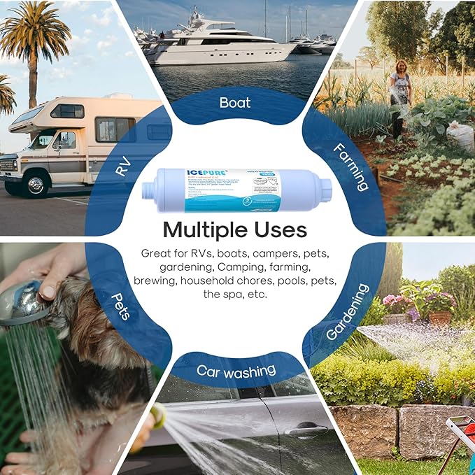 ICEPURE Inline Water Filter for Hose on RV Garden Pool Camper Marine Boat for Drinking, Car Washing, Gardening, Planting, Spa, Reduces Chlorine, Bad Taste, Odors, with 1 flexible hose protector, 1PACK