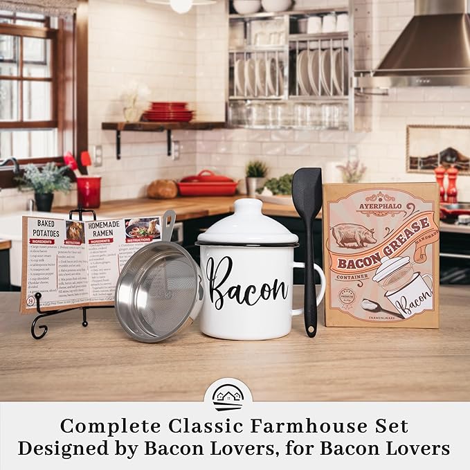 Bacon Grease Container with Strainer - With Food-Grade Silicone Spatula, 24oz Enamel Rustic Farmhouse Fat Container, Keeper, Recipes, Dishwasher Safe