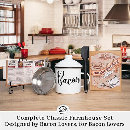Bacon Grease Container with Strainer - With Food-Grade Silicone Spatula, 24oz Enamel Rustic Farmhouse Fat Container, Keeper, Recipes, Dishwasher Safe