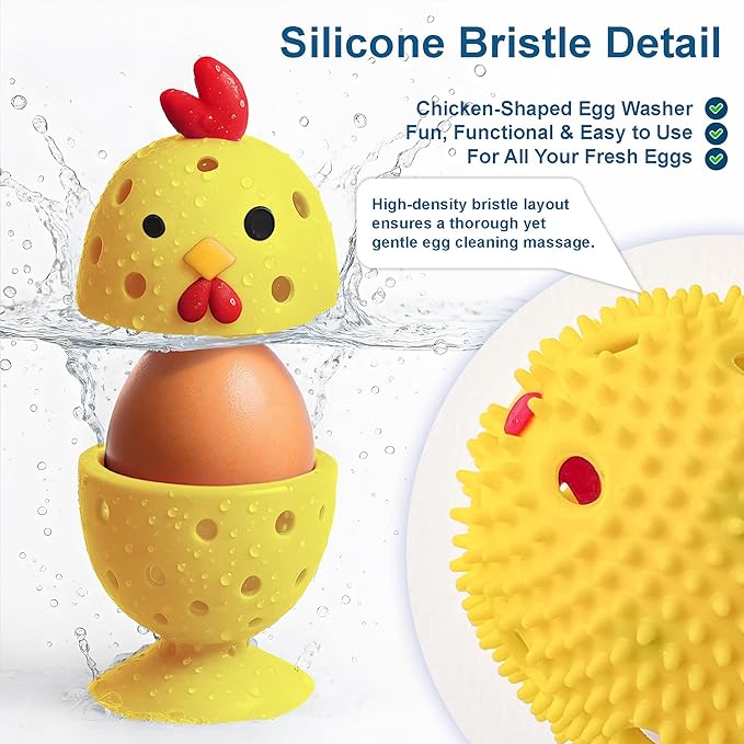 Egg Washer for Fresh Eggs, Egg Scrubber for Fresh Eggs, 2 Reusable Silicone Chicken Shaped Scrubs, Chicken Egg Cleaner, Eggshell Cleaner for Poultry Farm, Housewife Tools Vegetable Processing (Yellow)