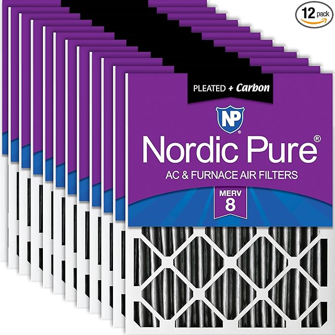 Nordic Pure 20x25x2 (Actual Size: 19 1/2 x 24 1/2 x 1 3/4) Furnace Air Filters MERV 8 Pleated Plus Carbon 12 Pack
