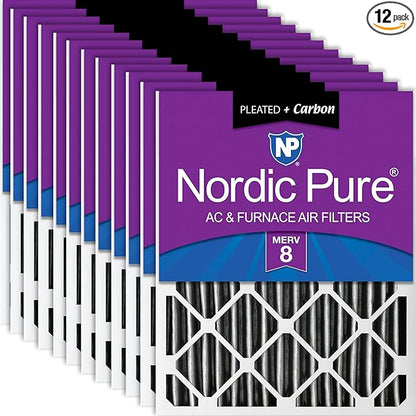 Nordic Pure 20x25x2 (Actual Size: 19 1/2 x 24 1/2 x 1 3/4) Furnace Air Filters MERV 8 Pleated Plus Carbon 12 Pack
