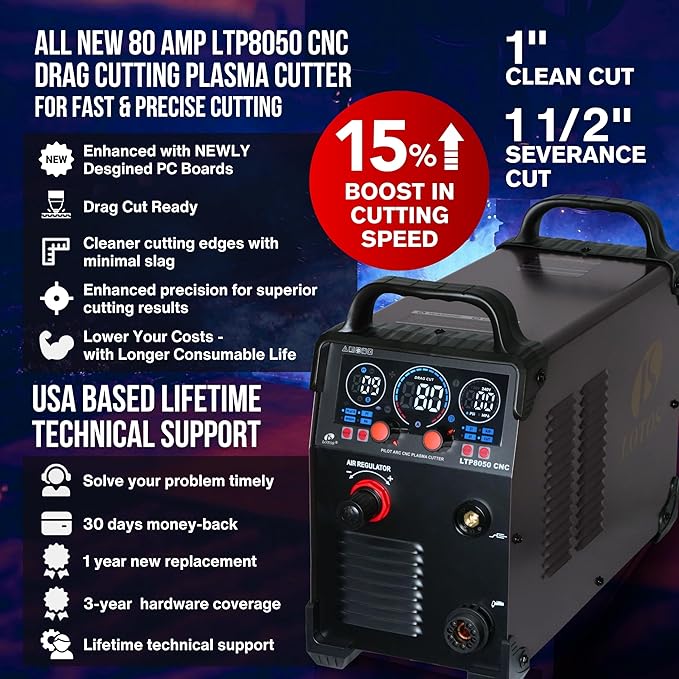 LTP8050 CNC | 80A Blowback Plasma Cutter, THC/ARC OK, Drag-Cut, 1" Clean (1.5" Sever), 220V, LED Display & Front Regulator, Air Filter for CNC Table