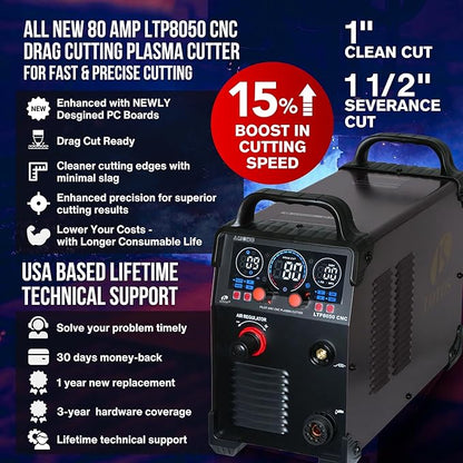 LTP8050 CNC | 80A Blowback Plasma Cutter, THC/ARC OK, Drag-Cut, 1" Clean (1.5" Sever), 220V, LED Display & Front Regulator, Air Filter for CNC Table