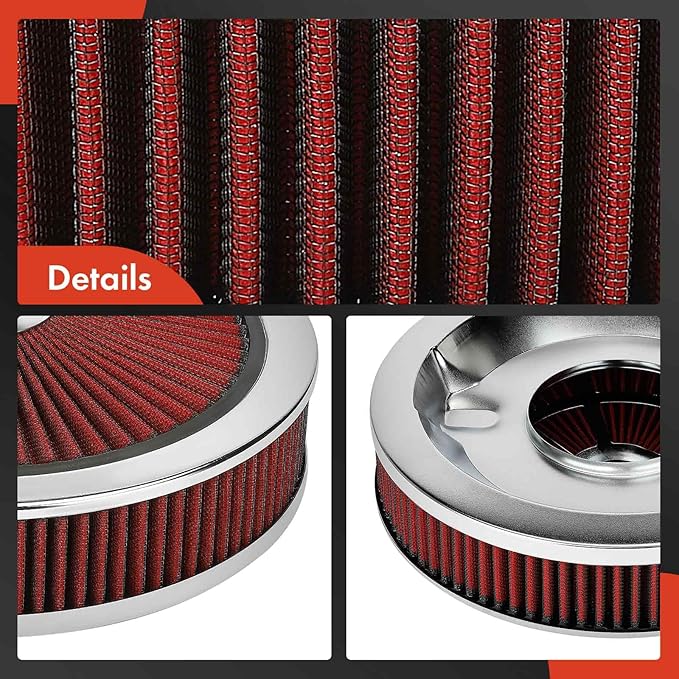 A-Premium 14"x3" Round Universal Air Cleaner Filter Assembly - Compatible with Chevrolet Chevy GMC Ford Models- Fit For 5-1/8" carburetor neck, Chrome Red