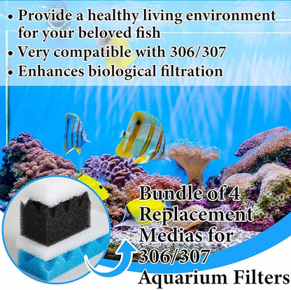 74 Pcs Filter Media Compatible with Fluval 306/307, Aquarium Replacement Media Kit, Foam, Activated Carbon, Nitrite/Phosphate/Ammonia Remover, Towel, Grease, Mesh Bags