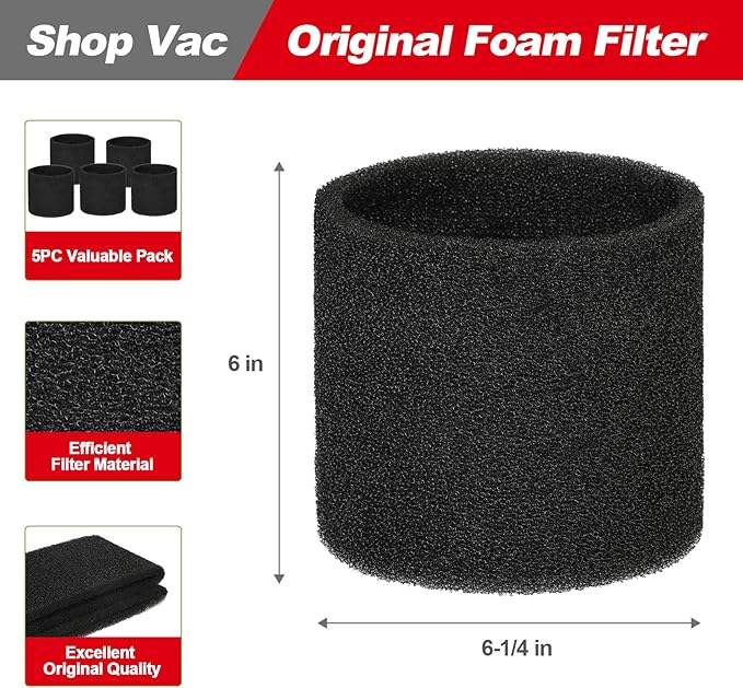 Shop-Vac 90585 Foam Sleeve Filter Replacements for Most Shop-Vac Wet/Dry Vacuum Cleaners 5 Gallon and Above, Replace Parts # 9058500, 5 Pack