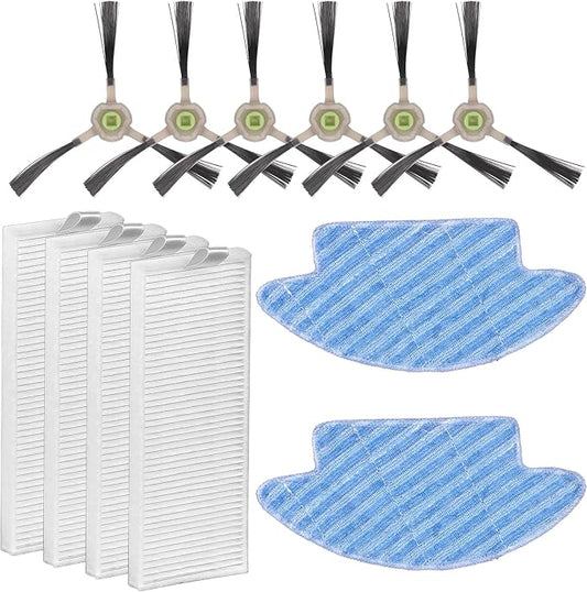 (12 Pieces) M210S M213S Replacement Parts for Lefant M210 Pro M210P M210B M213S M210S M210 M213, OKP Life K2 K3 K3A K4 K5, Robot Vacuum Accessories, 2 Mop Pads, 4 HEPA Filters, 6 Side Brushes