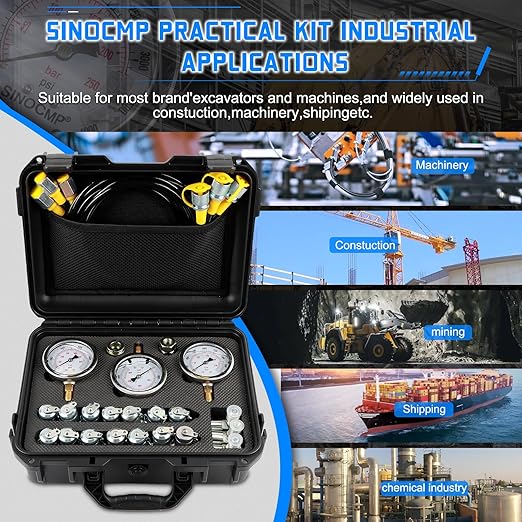 SINOCMP Hydraulic Pressure Gauge Test Kit with 3 Gauges 25/40/60MPa, 16 Straight Connectors, 3 Tee Connectors, 3 Test Hoses 64.5IN, Construction Machinery Excavator Hydraulic Tester Kit