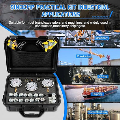 SINOCMP Hydraulic Pressure Gauge Test Kit with 3 Gauges 25/40/60MPa, 16 Straight Connectors, 3 Tee Connectors, 3 Test Hoses 64.5IN, Construction Machinery Excavator Hydraulic Tester Kit
