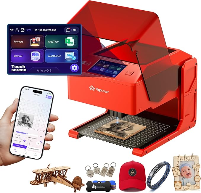 AlgoLaser 10W Laser Engraver Machine: Portable & Smart with 3.5" Touch Screen, Hand Drawing/Wireless/SD Card/Offline Engraving, AlgoOS 2.0 Self Developed System for Wood, Acrylic, Leather